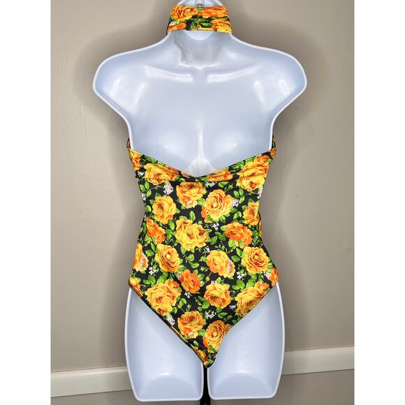 Zara Yellow Green Floral Print Cross Neck Halter Backless Bodysuit Size S NWT - Picture 3 of 6